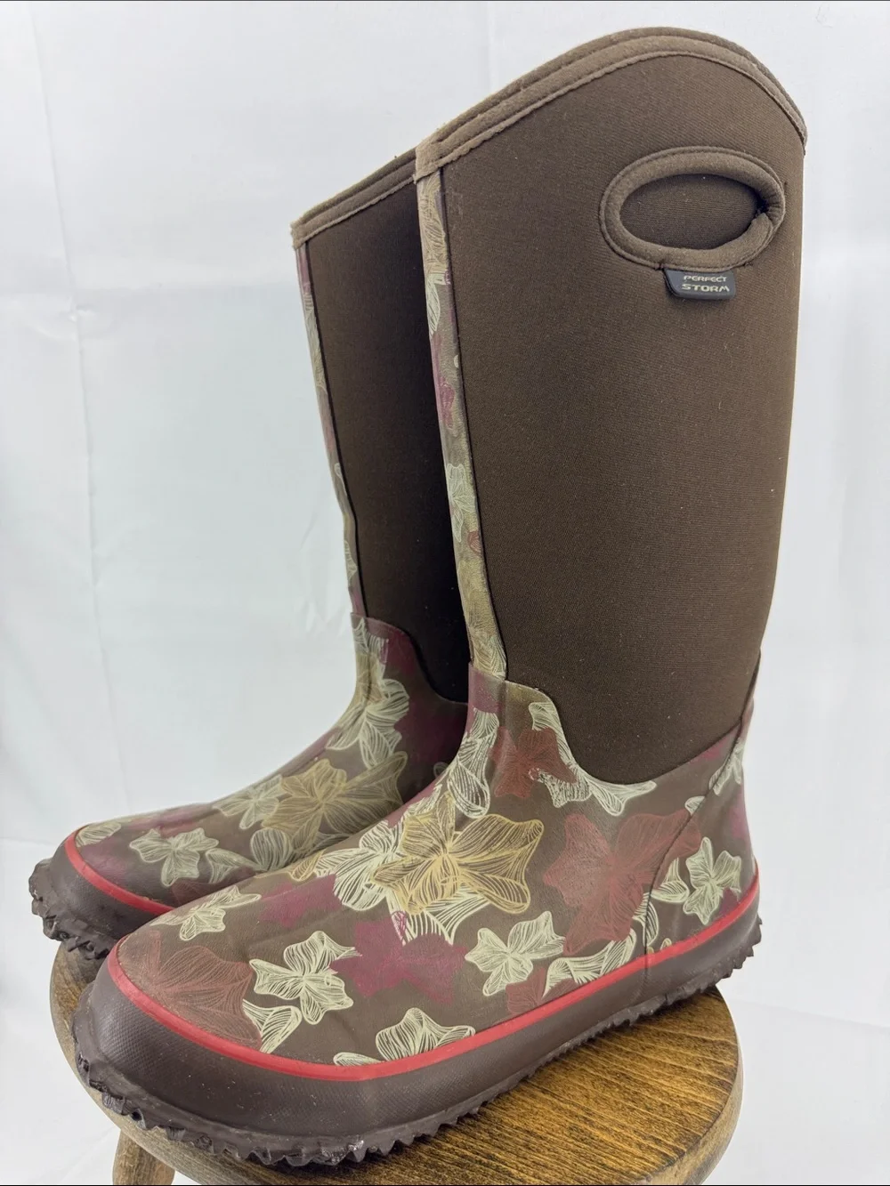 Perfect Storm Cloud High Rubber Neoprene Womens Brown Leaves Rain Work Boots, 8